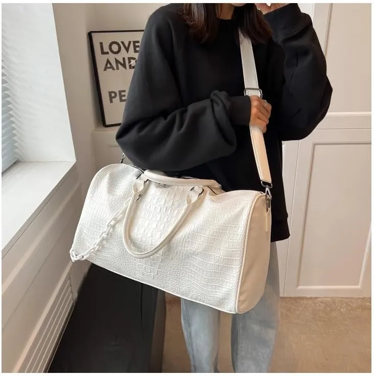 Gym Bag for Women, Weekender Bags for Women Travel, Crossbody Bag with Adjustable Strap for Travelling, Sports, Hospital (White)