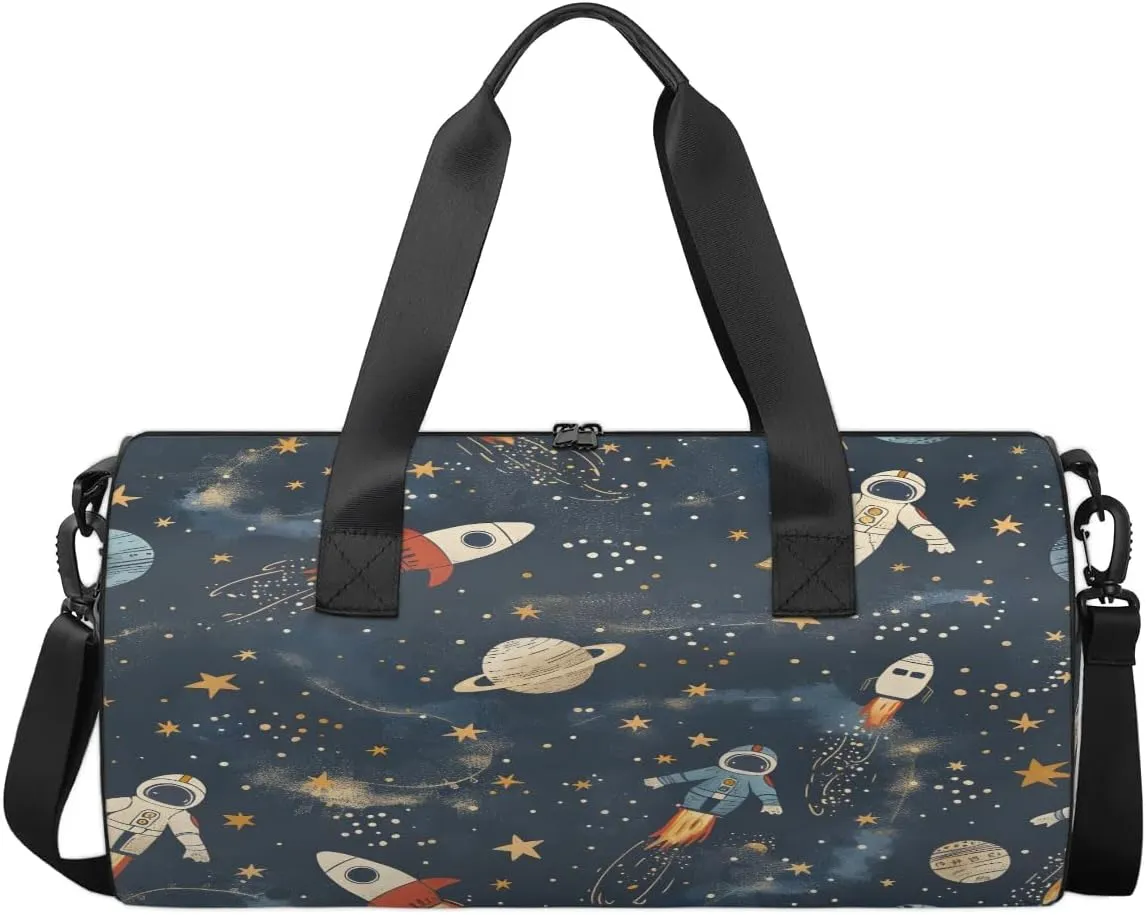 Gym Bags for Men Women Astronaut Rocket Planet Sports Duffel Bags Carry On Travel Duffle Bag with Detachable Adjustable Shoulder Strap Overnight Weekender Bag