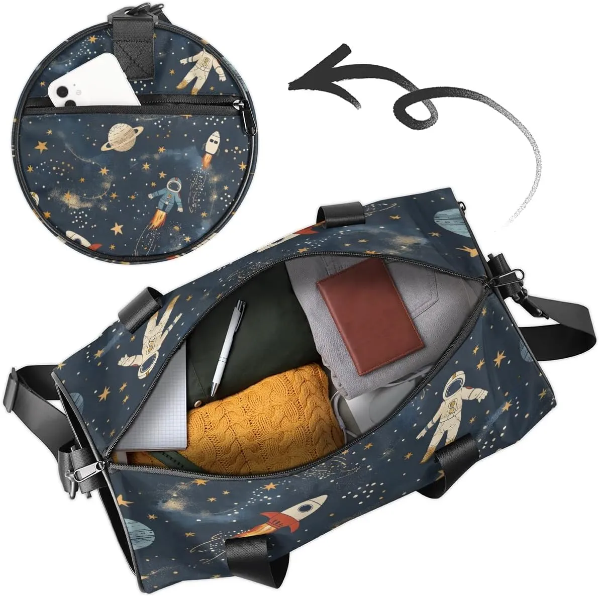 Gym Bags for Men Women Astronaut Rocket Planet Sports Duffel Bags Carry On Travel Duffle Bag with Detachable Adjustable Shoulder Strap Overnight Weekender Bag
