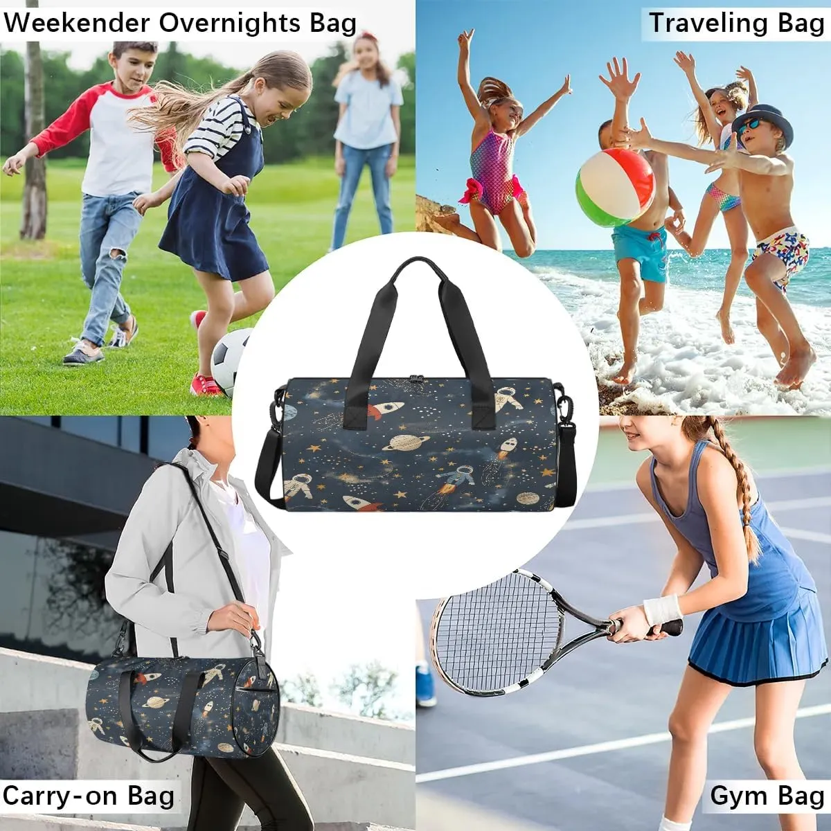 Gym Bags for Men Women Astronaut Rocket Planet Sports Duffel Bags Carry On Travel Duffle Bag with Detachable Adjustable Shoulder Strap Overnight Weekender Bag