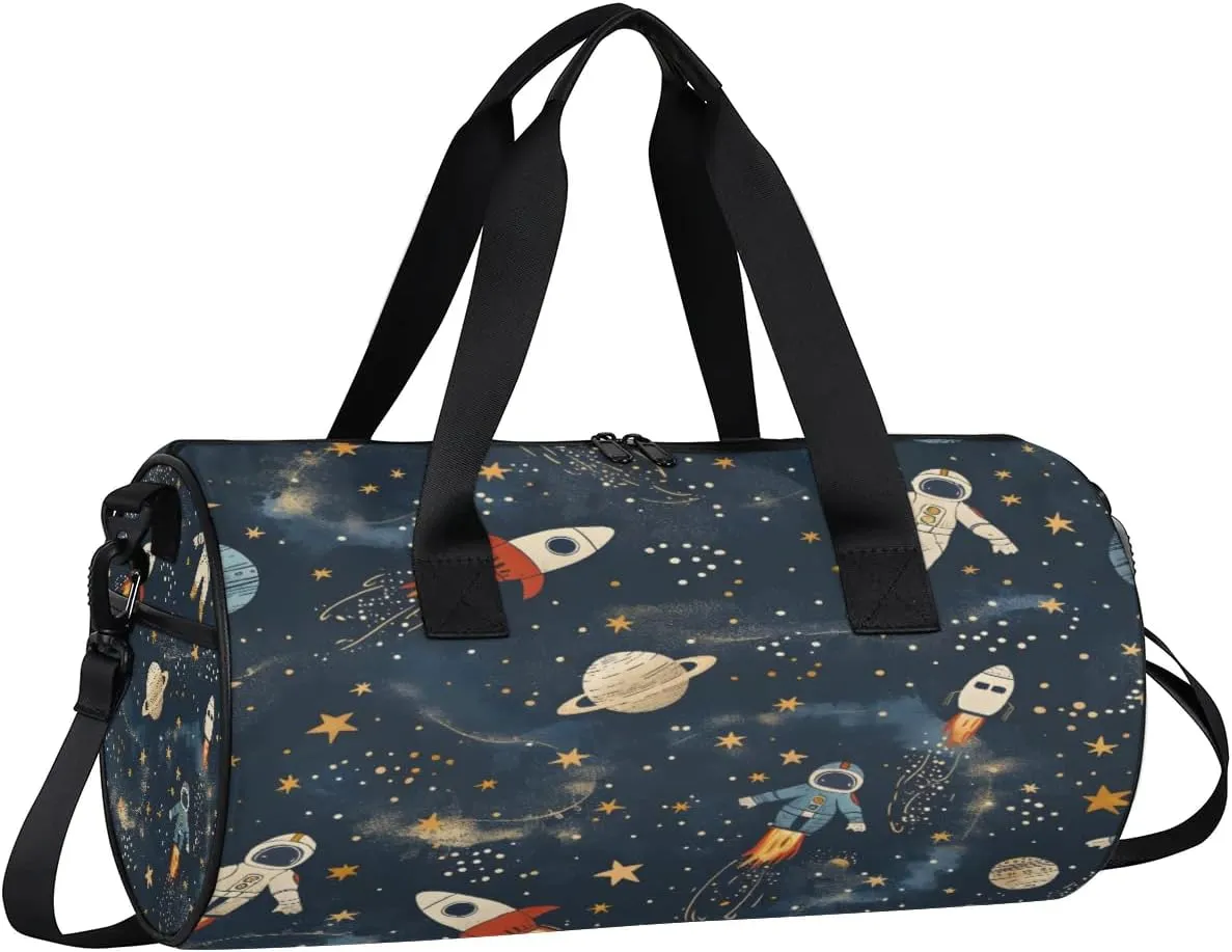 Gym Bags for Men Women Astronaut Rocket Planet Sports Duffel Bags Carry On Travel Duffle Bag with Detachable Adjustable Shoulder Strap Overnight Weekender Bag