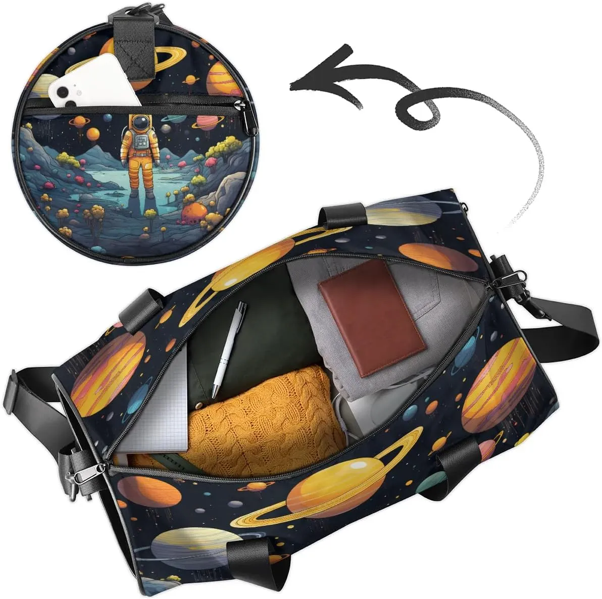 Gym Bags for Men Women Astronaut Space Planet Sports Duffel Bags Carry On Travel Duffle Bag with Detachable Adjustable Shoulder Strap Overnight Weekender Bag