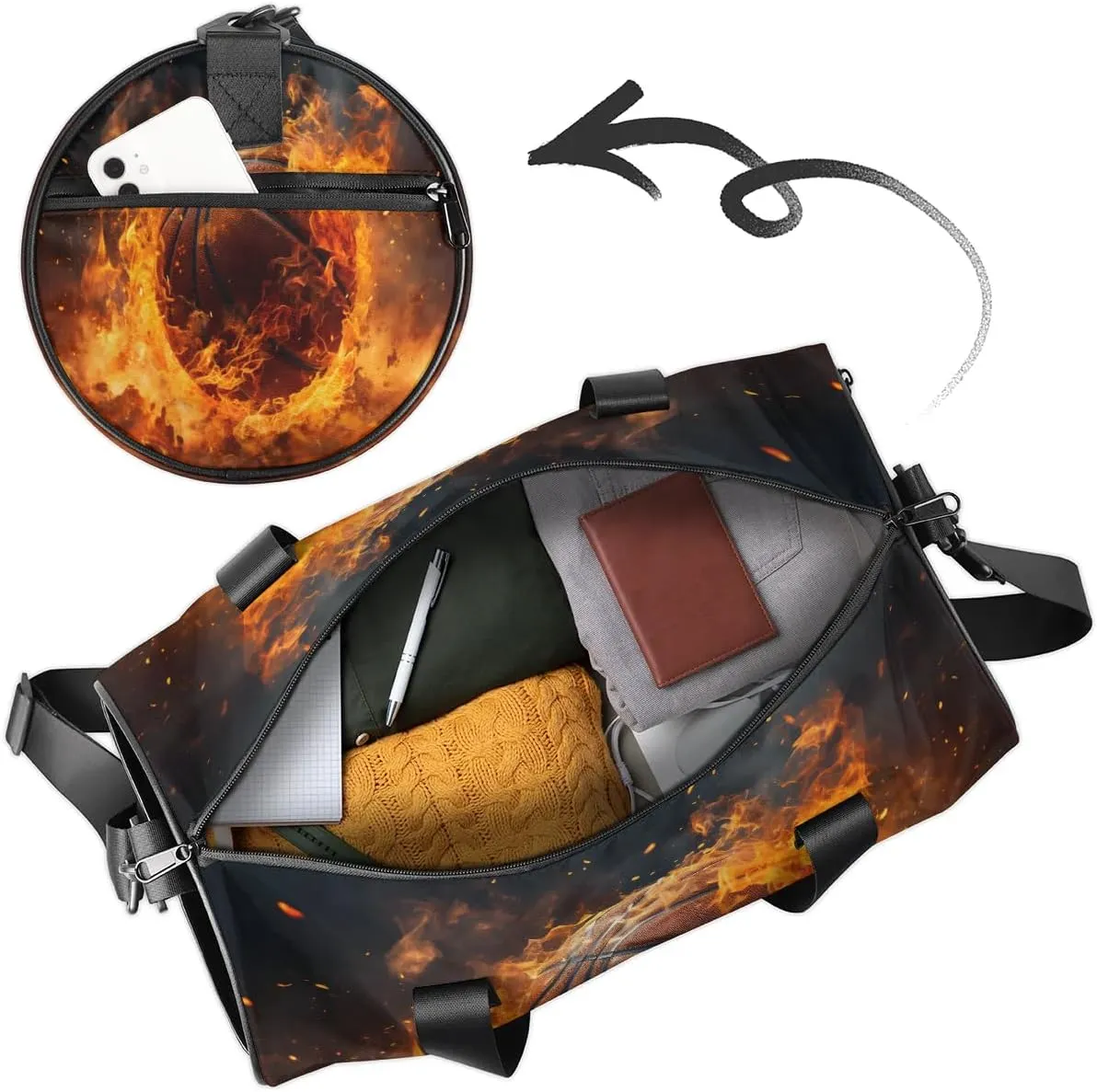Gym Bags for Men Women Basketball Fire Sports Duffel Bags Carry On Travel Duffle Bag with Detachable Adjustable Shoulder Strap Overnight Weekender Bag