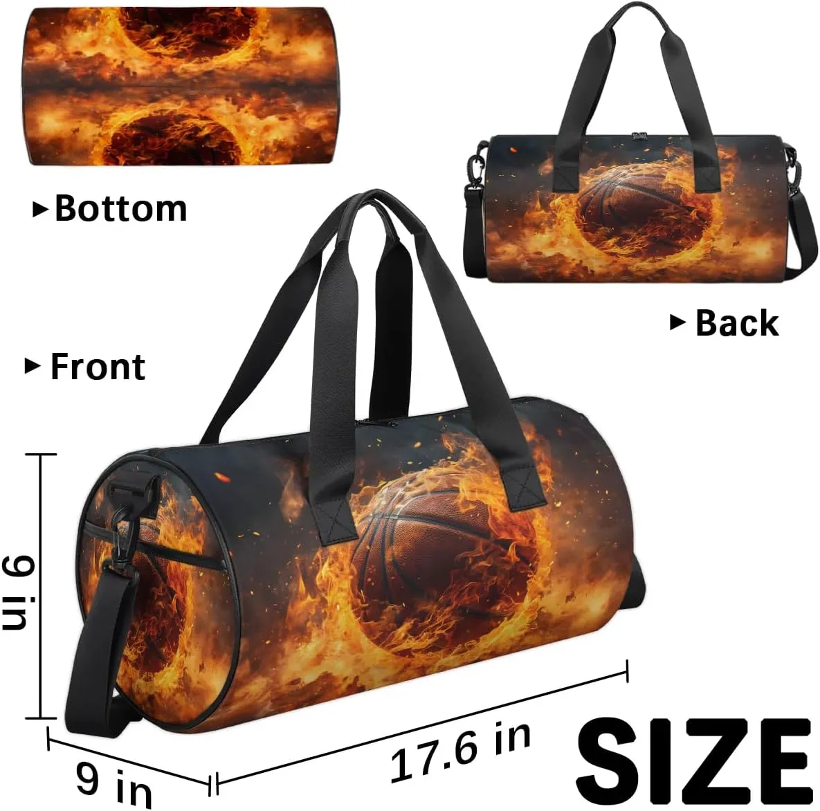 Gym Bags for Men Women Basketball Fire Sports Duffel Bags Carry On Travel Duffle Bag with Detachable Adjustable Shoulder Strap Overnight Weekender Bag