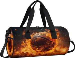 Gym Bags for Men Women Basketball Fire Sports Duffel Bags Carry On Travel Duffle Bag with Detachable Adjustable Shoulder Strap Overnight Weekender Bag