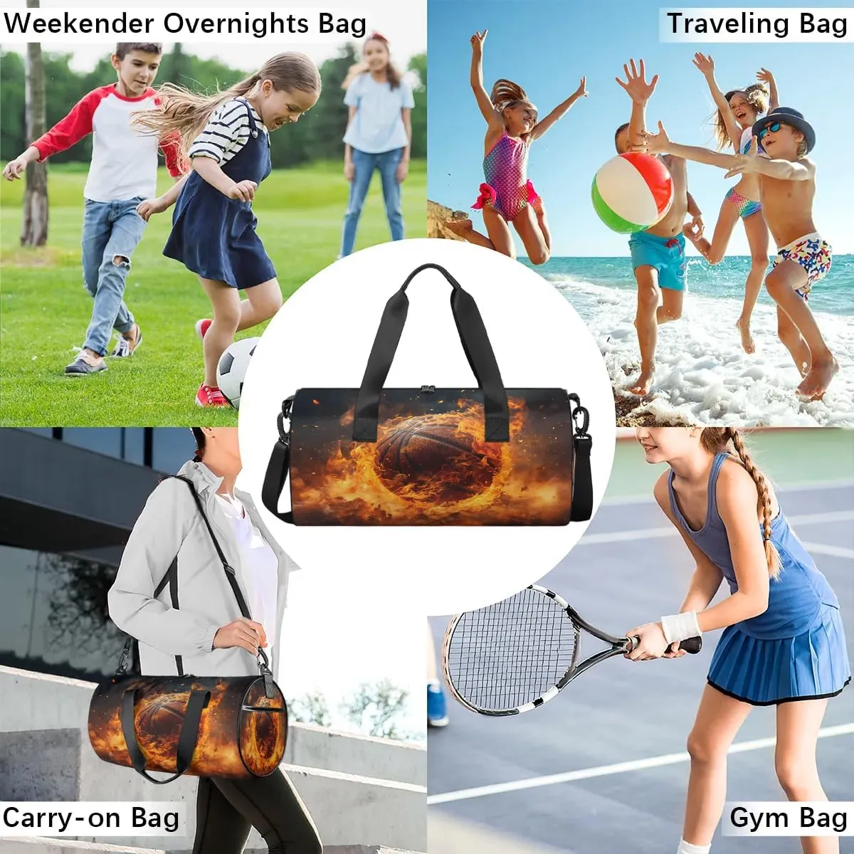 Gym Bags for Men Women Basketball Fire Sports Duffel Bags Carry On Travel Duffle Bag with Detachable Adjustable Shoulder Strap Overnight Weekender Bag