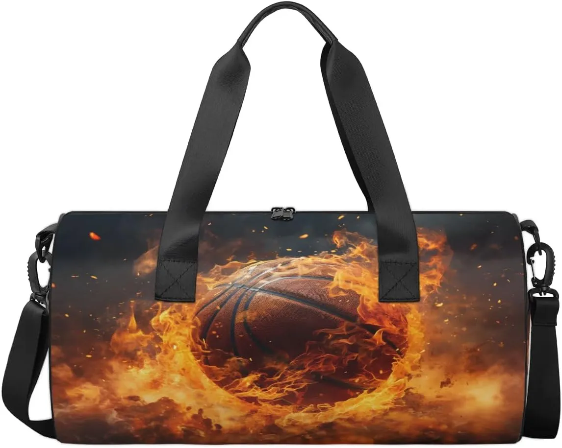 Gym Bags for Men Women Basketball Fire Sports Duffel Bags Carry On Travel Duffle Bag with Detachable Adjustable Shoulder Strap Overnight Weekender Bag