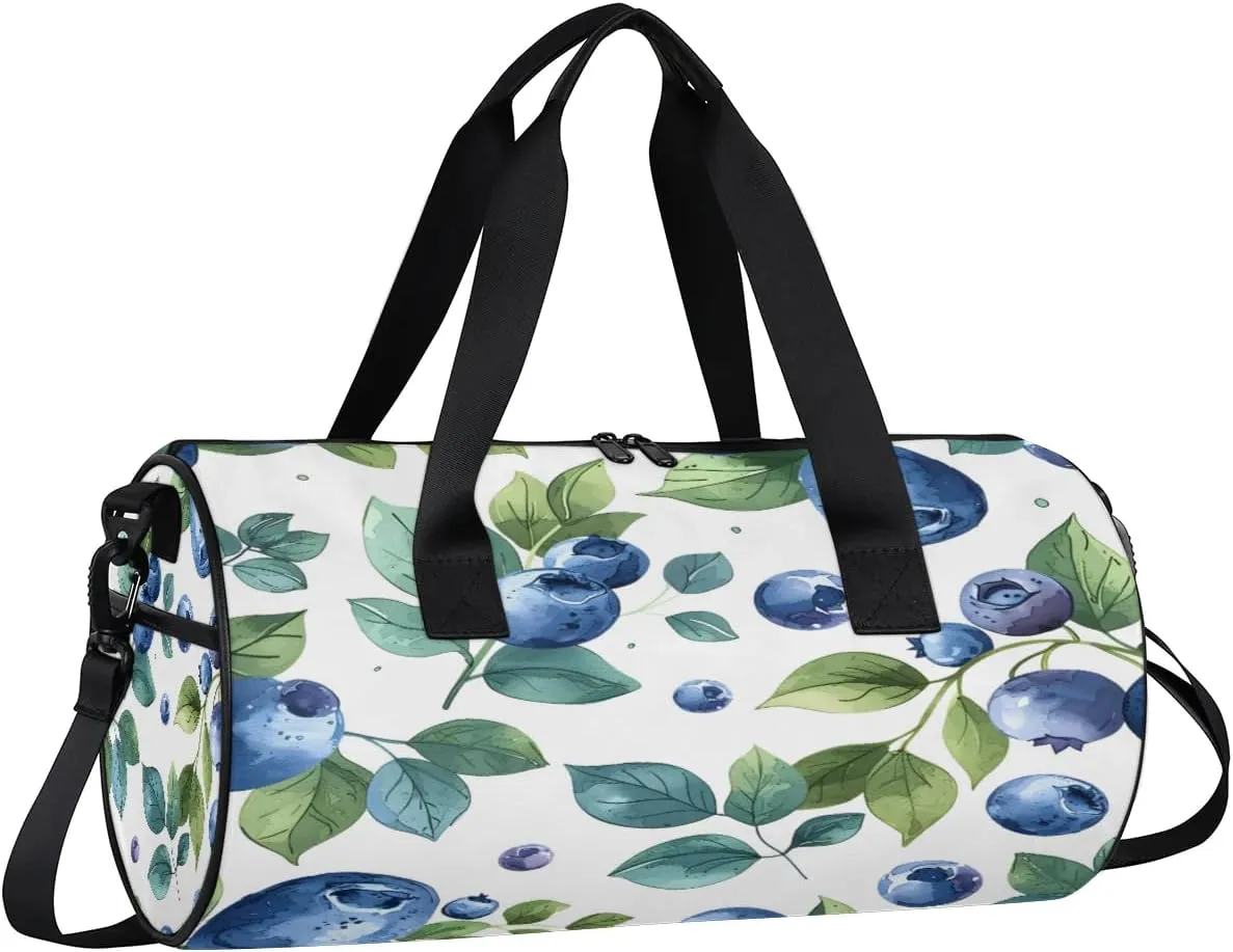 Gym Bags for Men Women Blueberries Leaves Sports Duffel Bags Carry On Travel Duffle Bag with Detachable Adjustable Shoulder Strap Overnight Weekender Bag