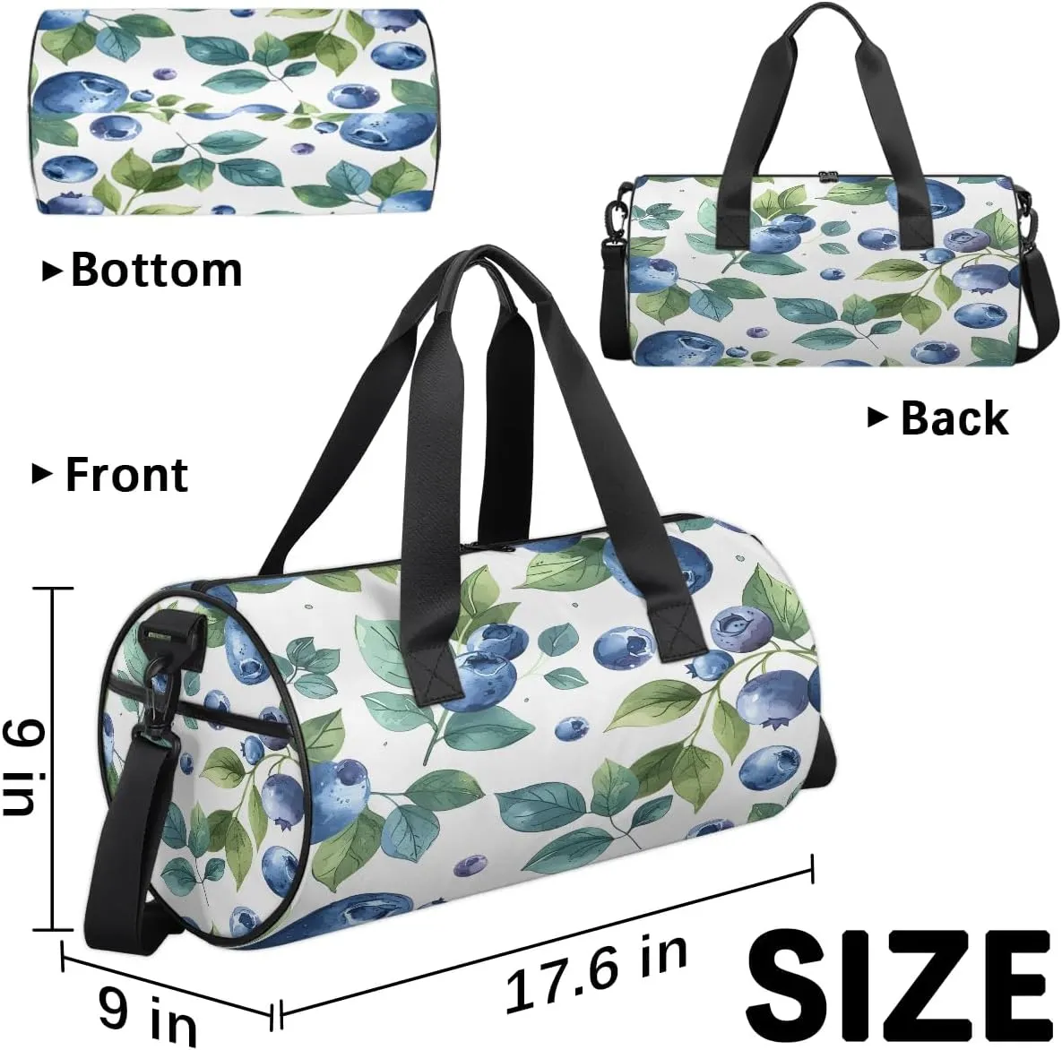 Gym Bags for Men Women Blueberries Leaves Sports Duffel Bags Carry On Travel Duffle Bag with Detachable Adjustable Shoulder Strap Overnight Weekender Bag