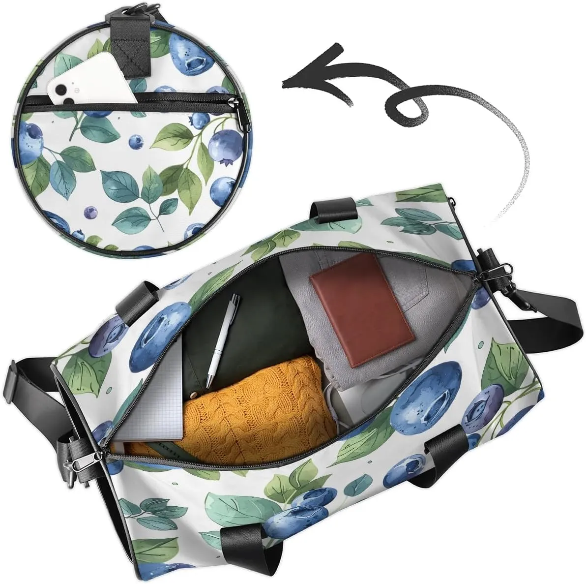 Gym Bags for Men Women Blueberries Leaves Sports Duffel Bags Carry On Travel Duffle Bag with Detachable Adjustable Shoulder Strap Overnight Weekender Bag
