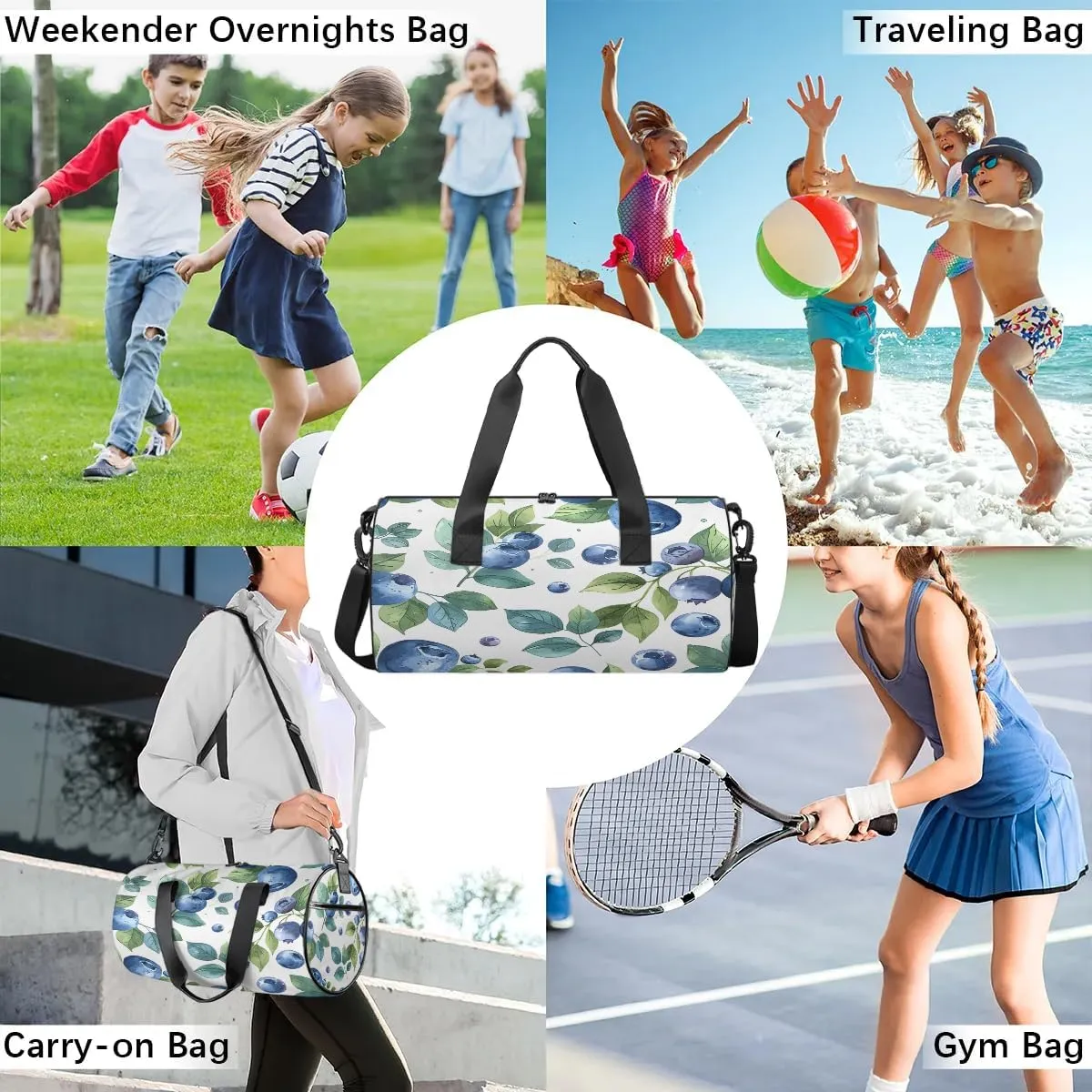 Gym Bags for Men Women Blueberries Leaves Sports Duffel Bags Carry On Travel Duffle Bag with Detachable Adjustable Shoulder Strap Overnight Weekender Bag
