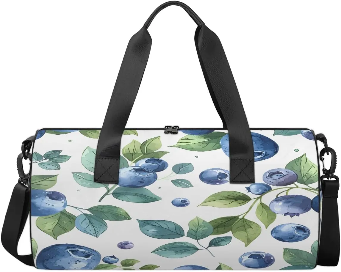 Gym Bags for Men Women Blueberries Leaves Sports Duffel Bags Carry On Travel Duffle Bag with Detachable Adjustable Shoulder Strap Overnight Weekender Bag