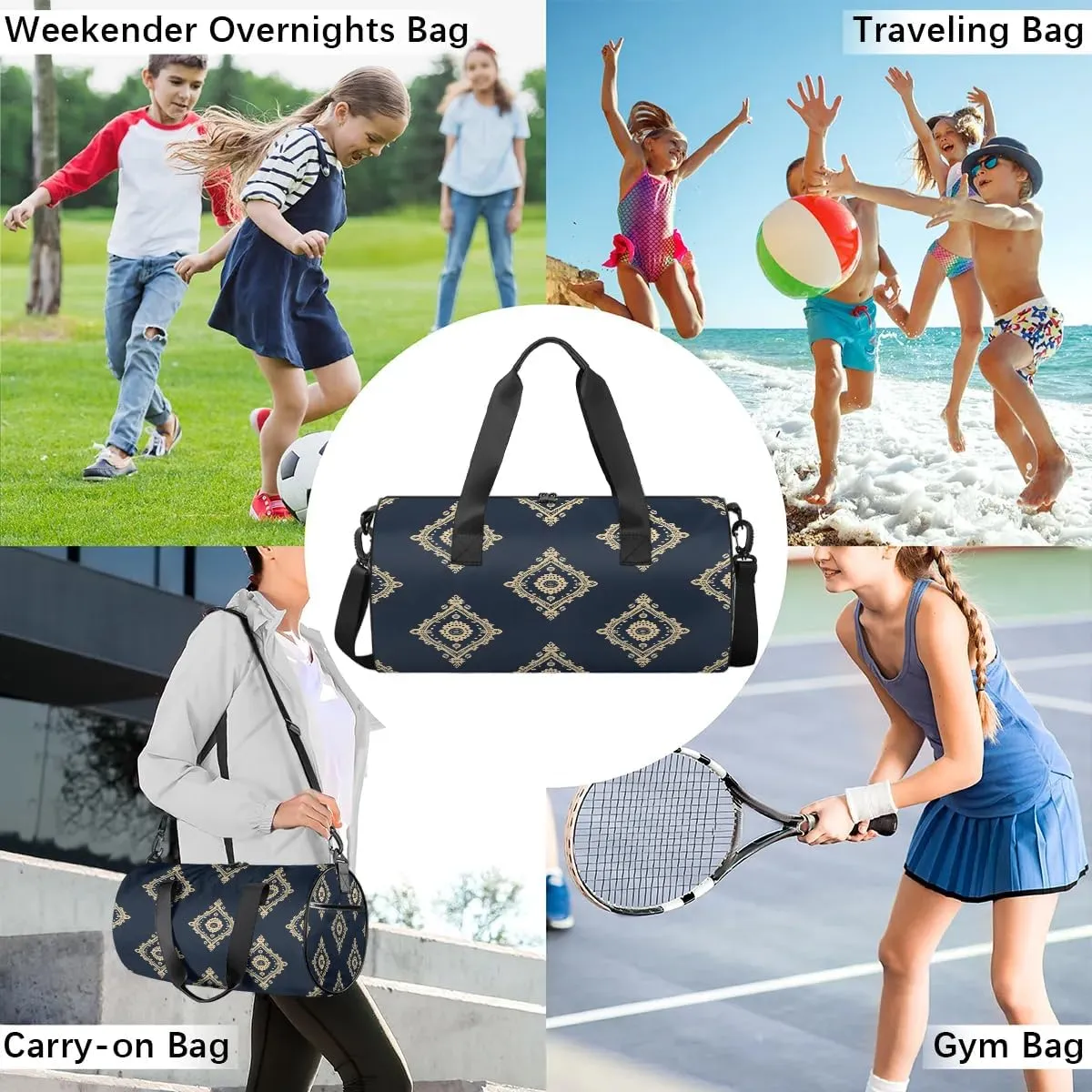 Gym Bags for Men Women Boho Design Sports Duffel Bags Carry On Travel Duffle Bag with Detachable Adjustable Shoulder Strap Overnight Weekender Bag