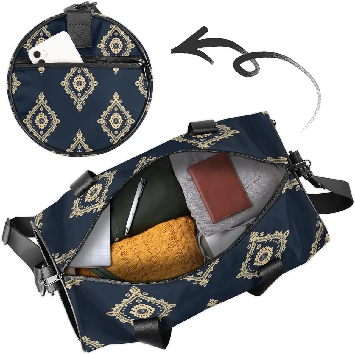 Gym Bags for Men Women Boho Design Sports Duffel Bags Carry On Travel Duffle Bag with Detachable Adjustable Shoulder Strap Overnight Weekender Bag