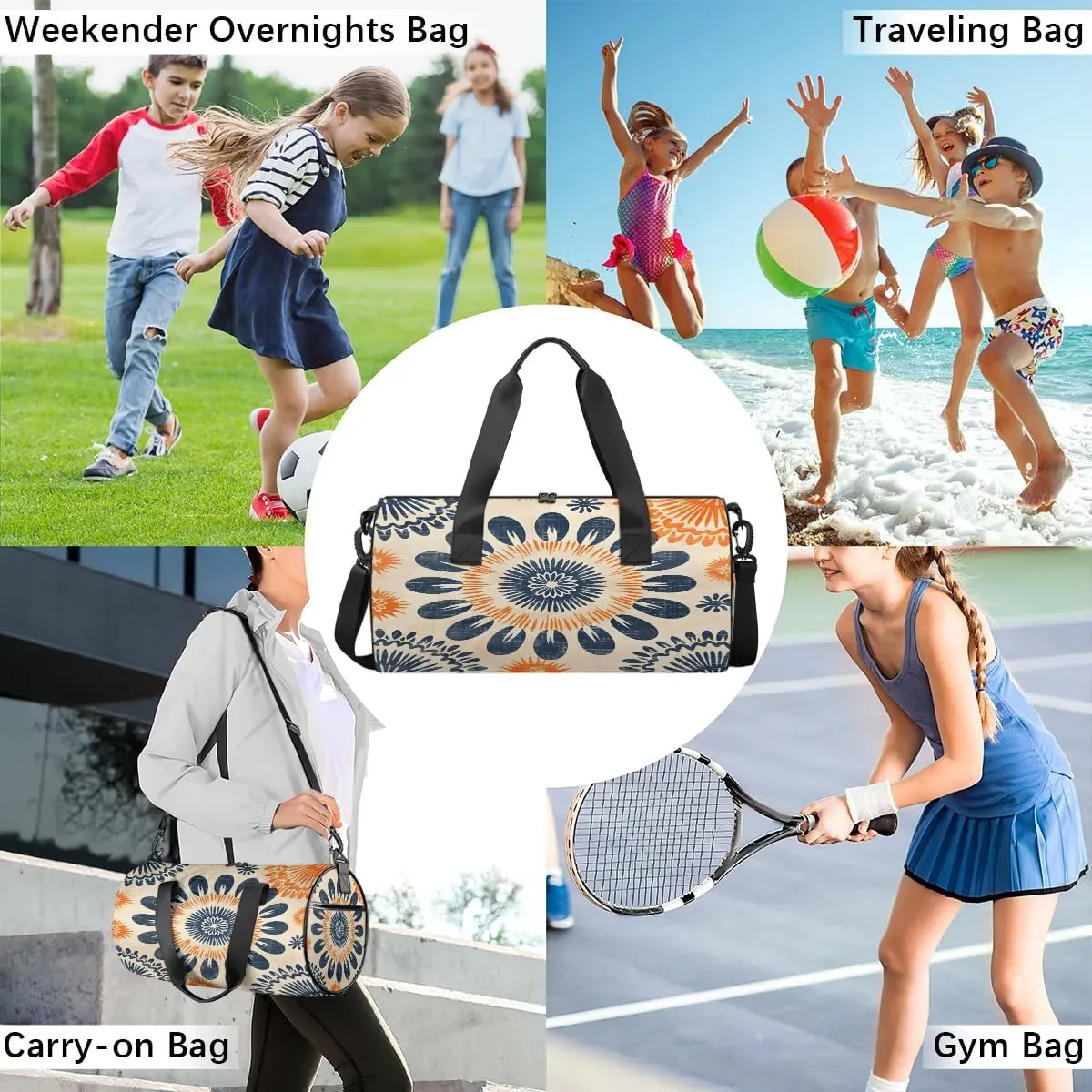 Gym Bags for Men Women Boho Printed Sports Duffel Bags Carry On Travel Duffle Bag with Detachable Adjustable Shoulder Strap Overnight Weekender Bag