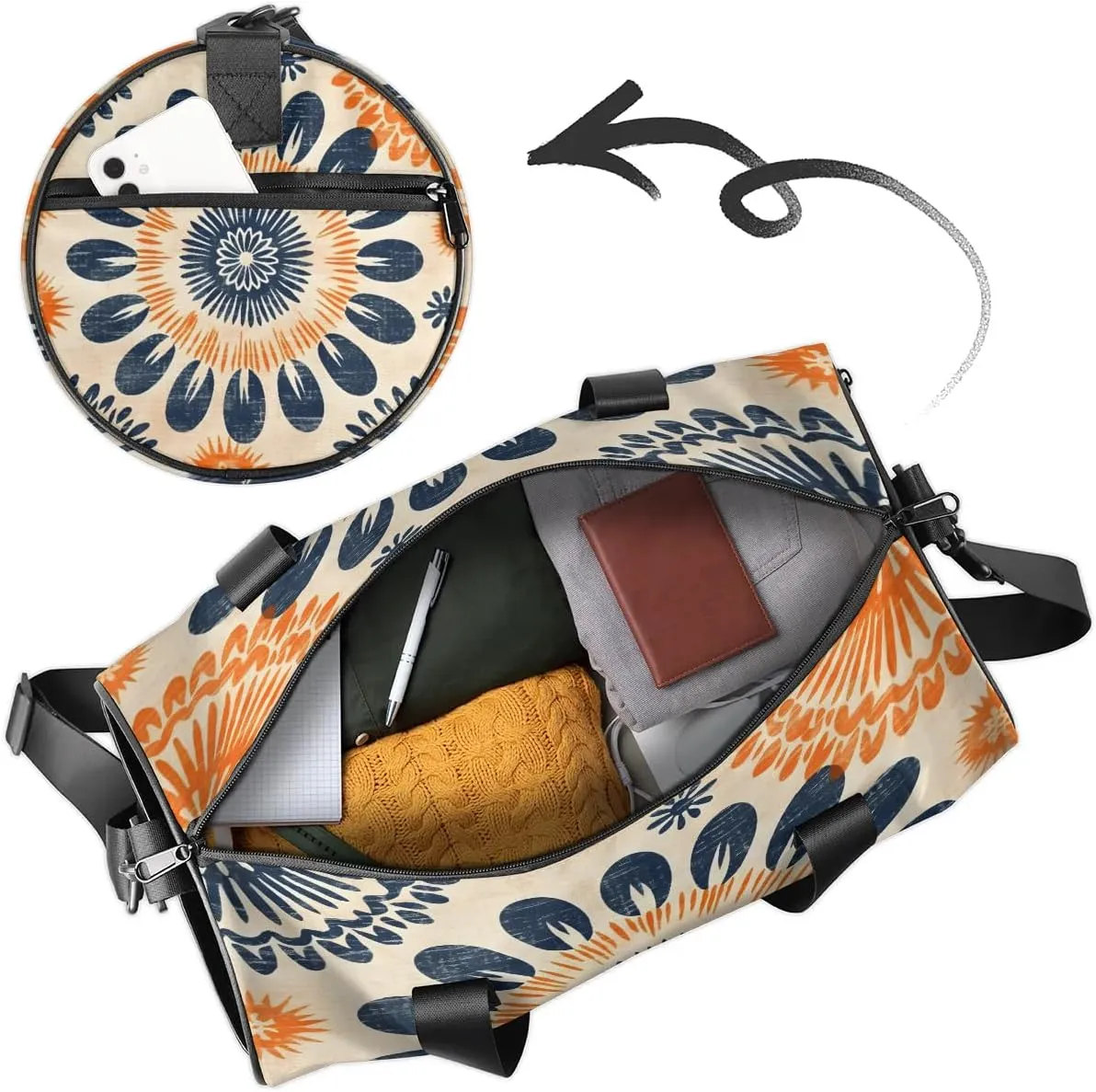 Gym Bags for Men Women Boho Printed Sports Duffel Bags Carry On Travel Duffle Bag with Detachable Adjustable Shoulder Strap Overnight Weekender Bag