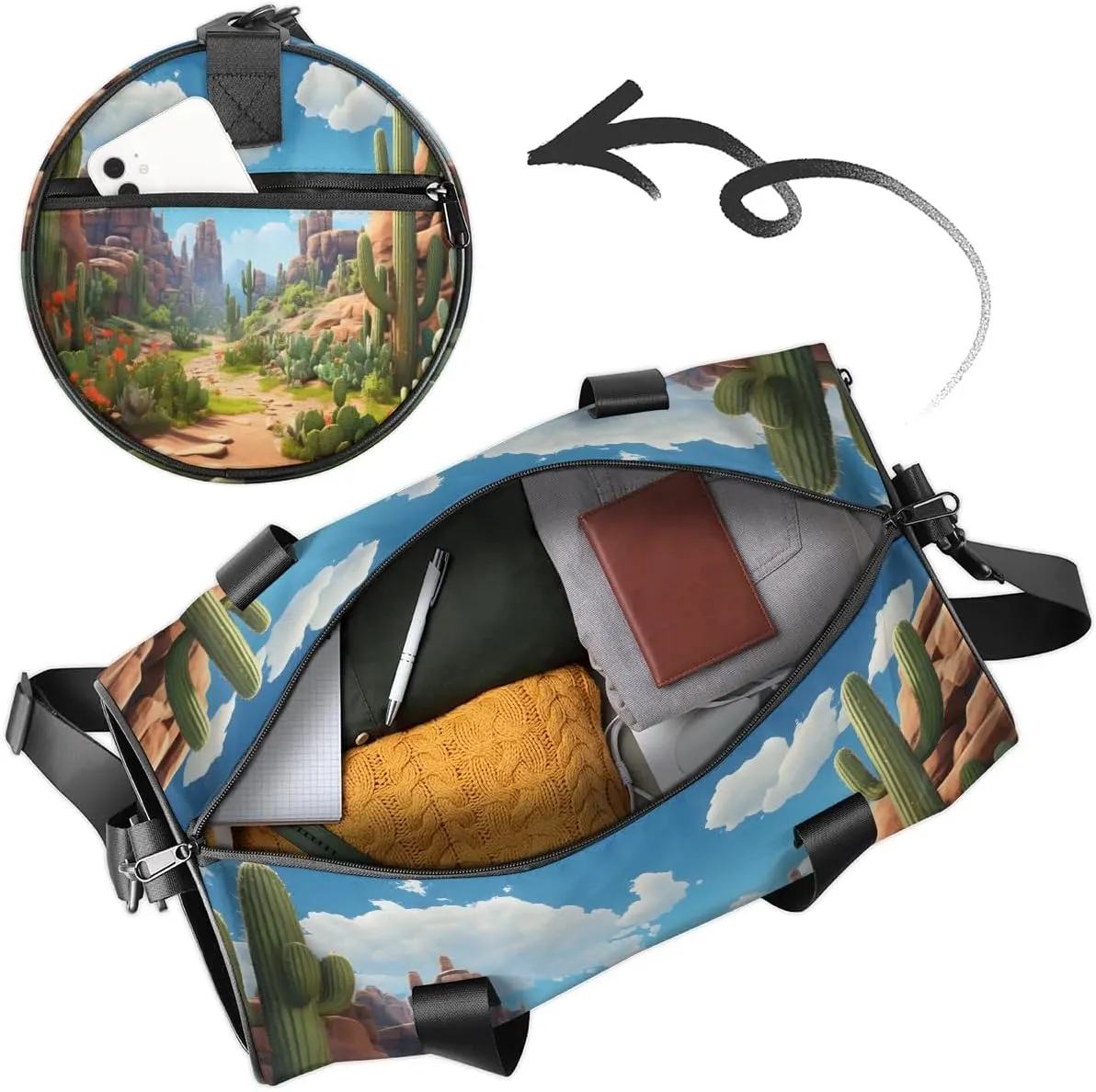 Gym Bags for Men Women Cactus Landscape Sports Duffel Bags Carry On Travel Duffle Bag with Detachable Adjustable Shoulder Strap Overnight Weekender Bag