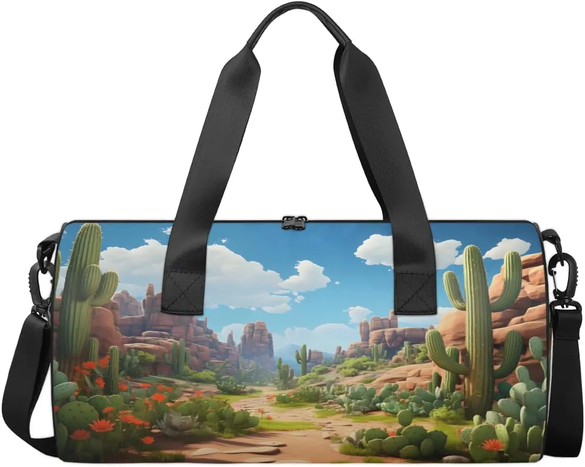 Gym Bags for Men Women Cactus Landscape Sports Duffel Bags Carry On Travel Duffle Bag with Detachable Adjustable Shoulder Strap Overnight Weekender Bag