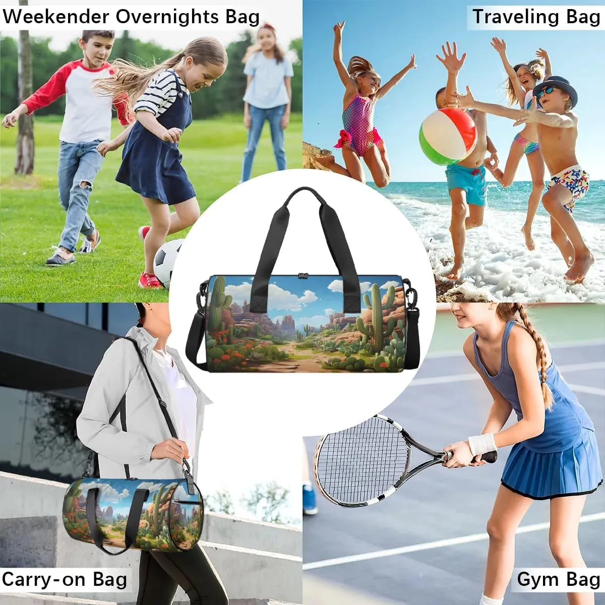 Gym Bags for Men Women Cactus Landscape Sports Duffel Bags Carry On Travel Duffle Bag with Detachable Adjustable Shoulder Strap Overnight Weekender Bag