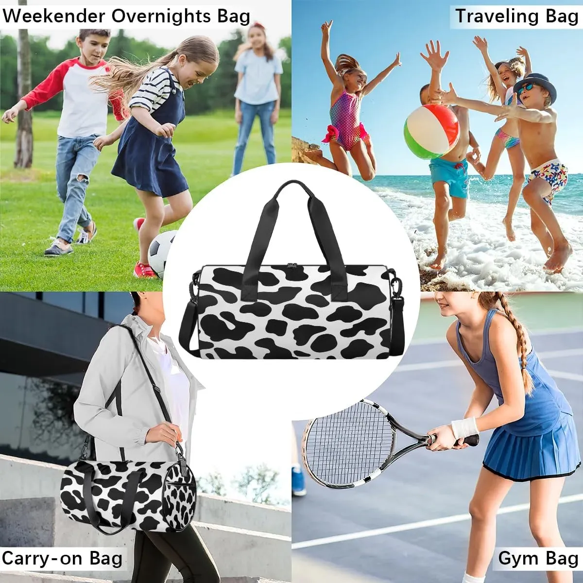 Gym Bags for Men Women Cow Pattern Sports Duffel Bags Carry On Travel Duffle Bag with Detachable Adjustable Shoulder Strap Overnight Weekender Bag