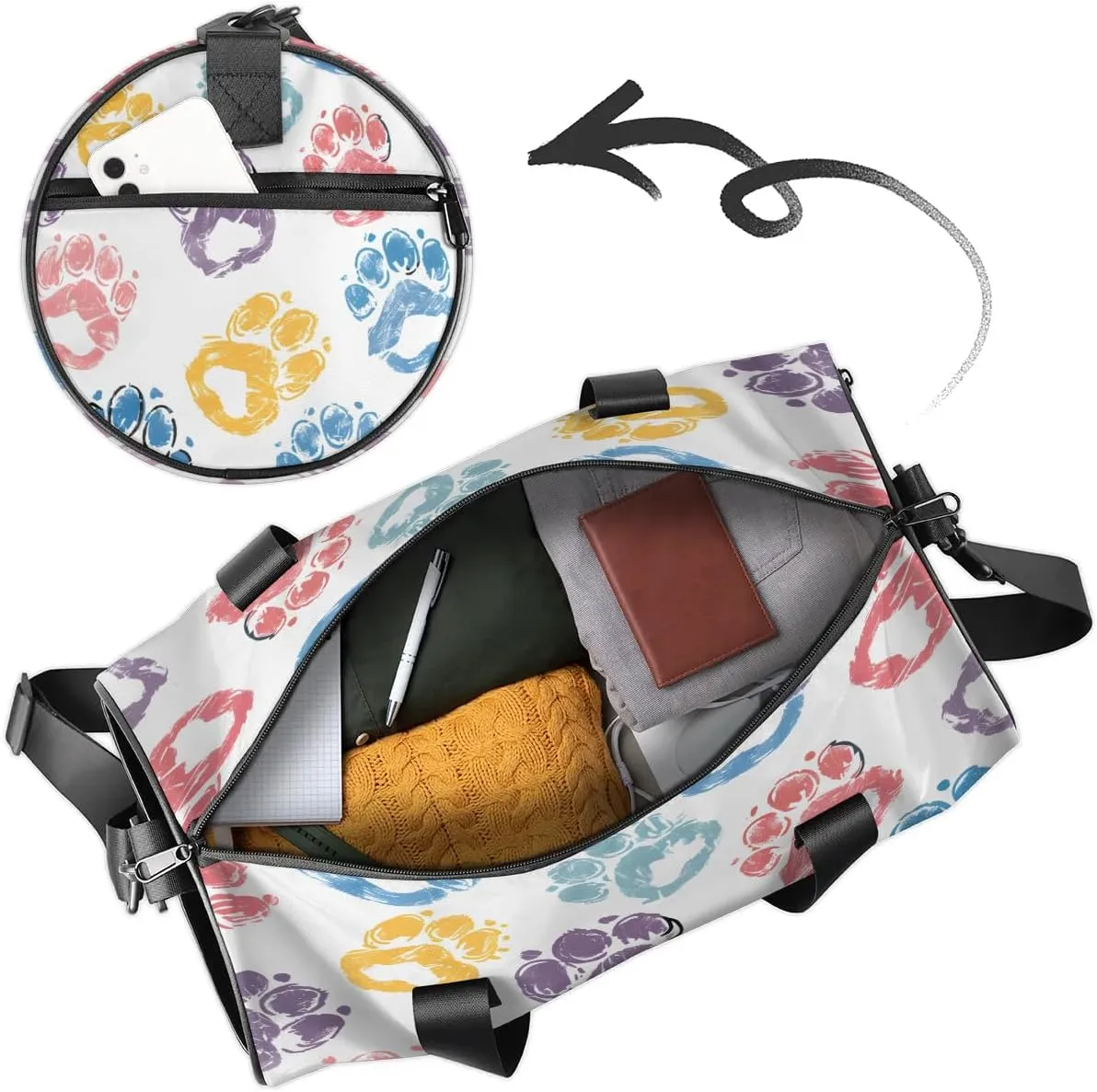 Gym Bags for Men Women Cute Cats Paw Prints Sports Duffel Bags Carry On Travel Duffle Bag with Detachable Adjustable Shoulder Strap Overnight Weekender Bag