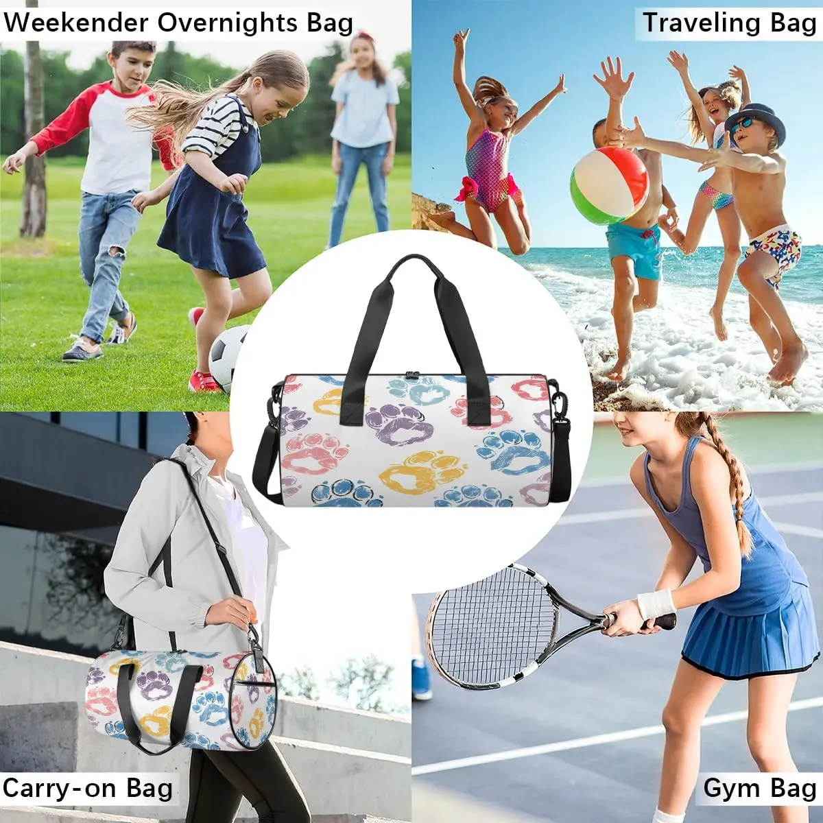 Gym Bags for Men Women Cute Cats Paw Prints Sports Duffel Bags Carry On Travel Duffle Bag with Detachable Adjustable Shoulder Strap Overnight Weekender Bag