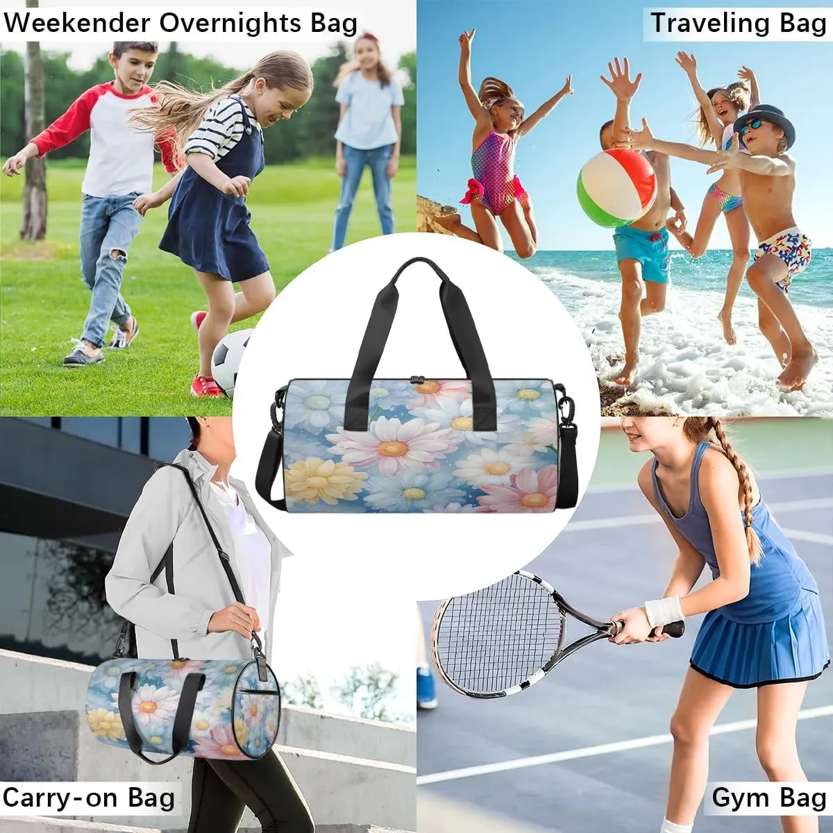 Gym Bags for Men Women Cute Daisies Sports Duffel Bags Carry On Travel Duffle Bag with Detachable Adjustable Shoulder Strap Overnight Weekender Bag