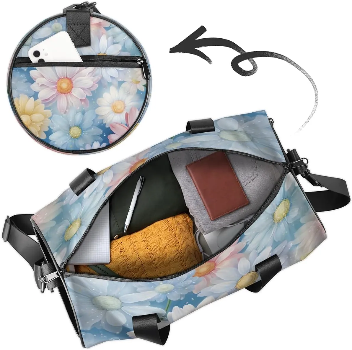 Gym Bags for Men Women Cute Daisies Sports Duffel Bags Carry On Travel Duffle Bag with Detachable Adjustable Shoulder Strap Overnight Weekender Bag