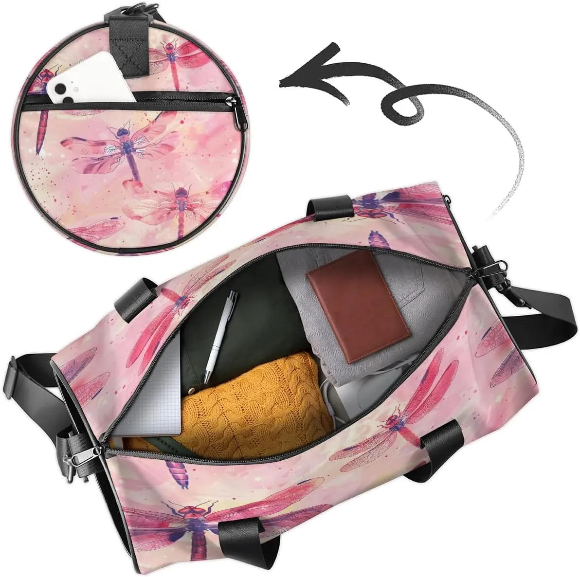 Gym Bags for Men Women Dragonfly Themed Sports Duffel Bags Carry On Travel Duffle Bag with Detachable Adjustable Shoulder Strap Overnight Weekender Bag