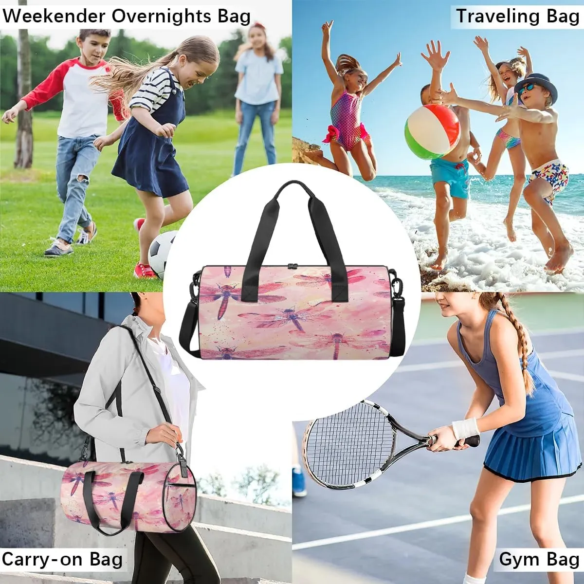 Gym Bags for Men Women Dragonfly Themed Sports Duffel Bags Carry On Travel Duffle Bag with Detachable Adjustable Shoulder Strap Overnight Weekender Bag