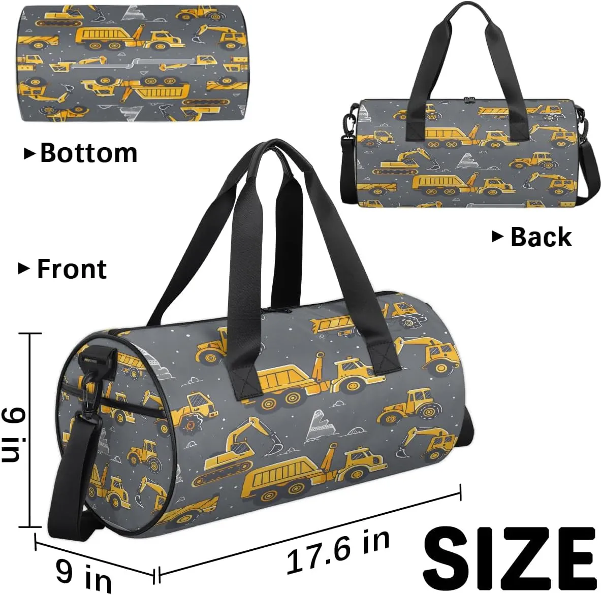 Gym Bags for Men Women Excavator Truck Sports Duffel Bags Carry On Travel Duffle Bag with Detachable Adjustable Shoulder Strap Overnight Weekender Bag