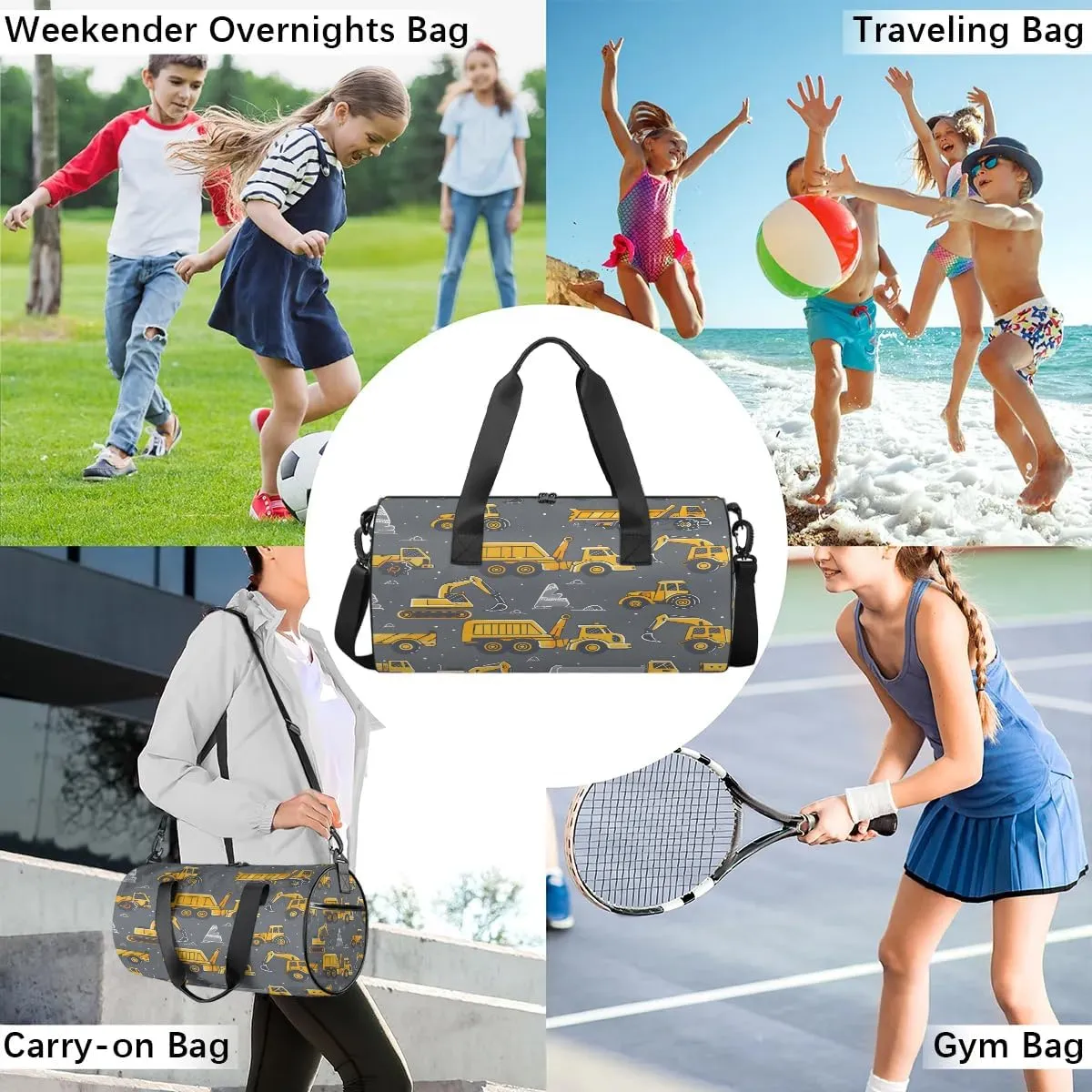 Gym Bags for Men Women Excavator Truck Sports Duffel Bags Carry On Travel Duffle Bag with Detachable Adjustable Shoulder Strap Overnight Weekender Bag