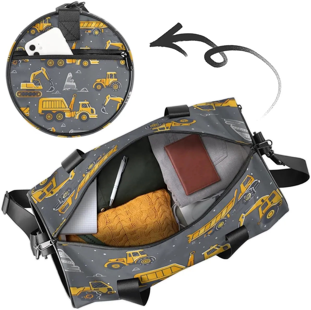 Gym Bags for Men Women Excavator Truck Sports Duffel Bags Carry On Travel Duffle Bag with Detachable Adjustable Shoulder Strap Overnight Weekender Bag
