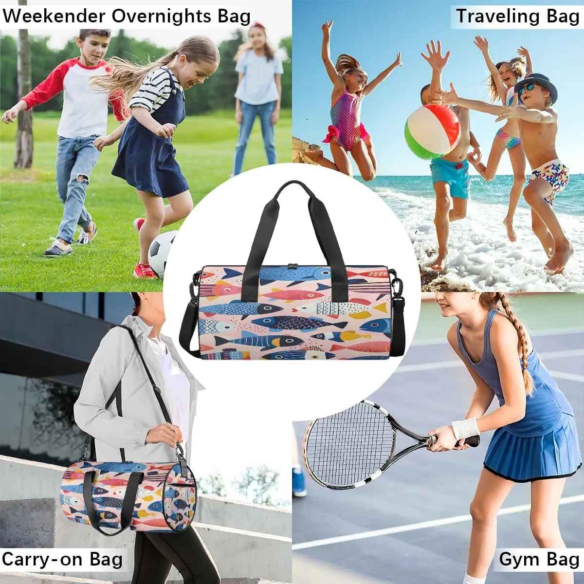 Gym Bags for Men Women Fishes Theme Sports Duffel Bags Carry On Travel Duffle Bag with Detachable Adjustable Shoulder Strap Overnight Weekender Bag