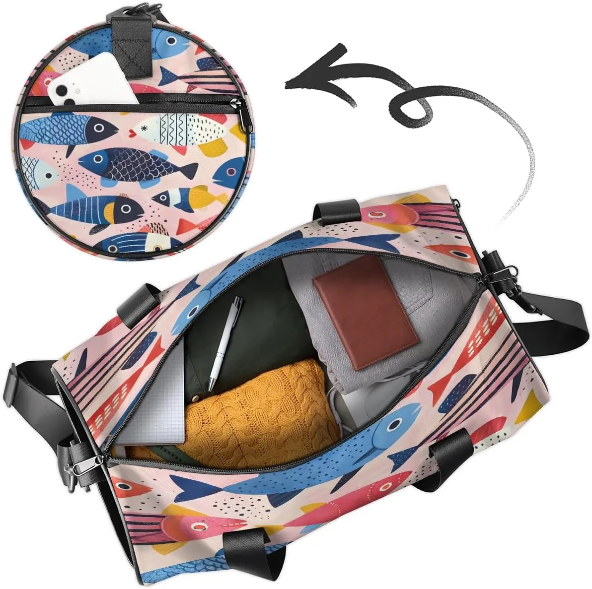 Gym Bags for Men Women Fishes Theme Sports Duffel Bags Carry On Travel Duffle Bag with Detachable Adjustable Shoulder Strap Overnight Weekender Bag