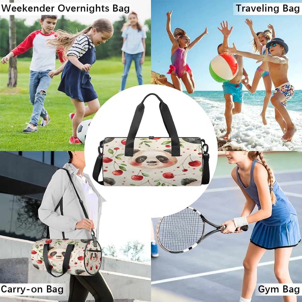 Gym Bags for Men Women Panda Cherries Sports Duffel Bags Carry On Travel Duffle Bag with Detachable Adjustable Shoulder Strap Overnight Weekender Bag