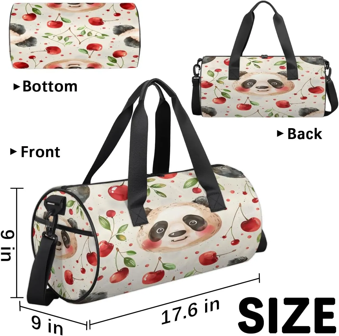 Gym Bags for Men Women Panda Cherries Sports Duffel Bags Carry On Travel Duffle Bag with Detachable Adjustable Shoulder Strap Overnight Weekender Bag