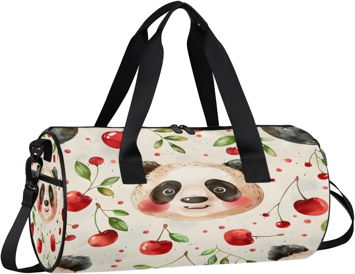 Gym Bags for Men Women Panda Cherries Sports Duffel Bags Carry On Travel Duffle Bag with Detachable Adjustable Shoulder Strap Overnight Weekender Bag