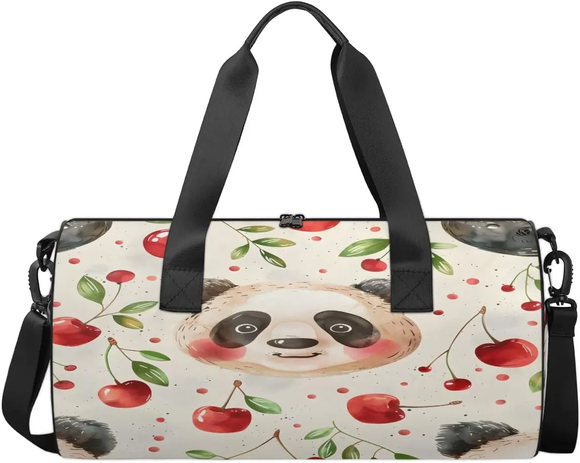 Gym Bags for Men Women Panda Cherries Sports Duffel Bags Carry On Travel Duffle Bag with Detachable Adjustable Shoulder Strap Overnight Weekender Bag