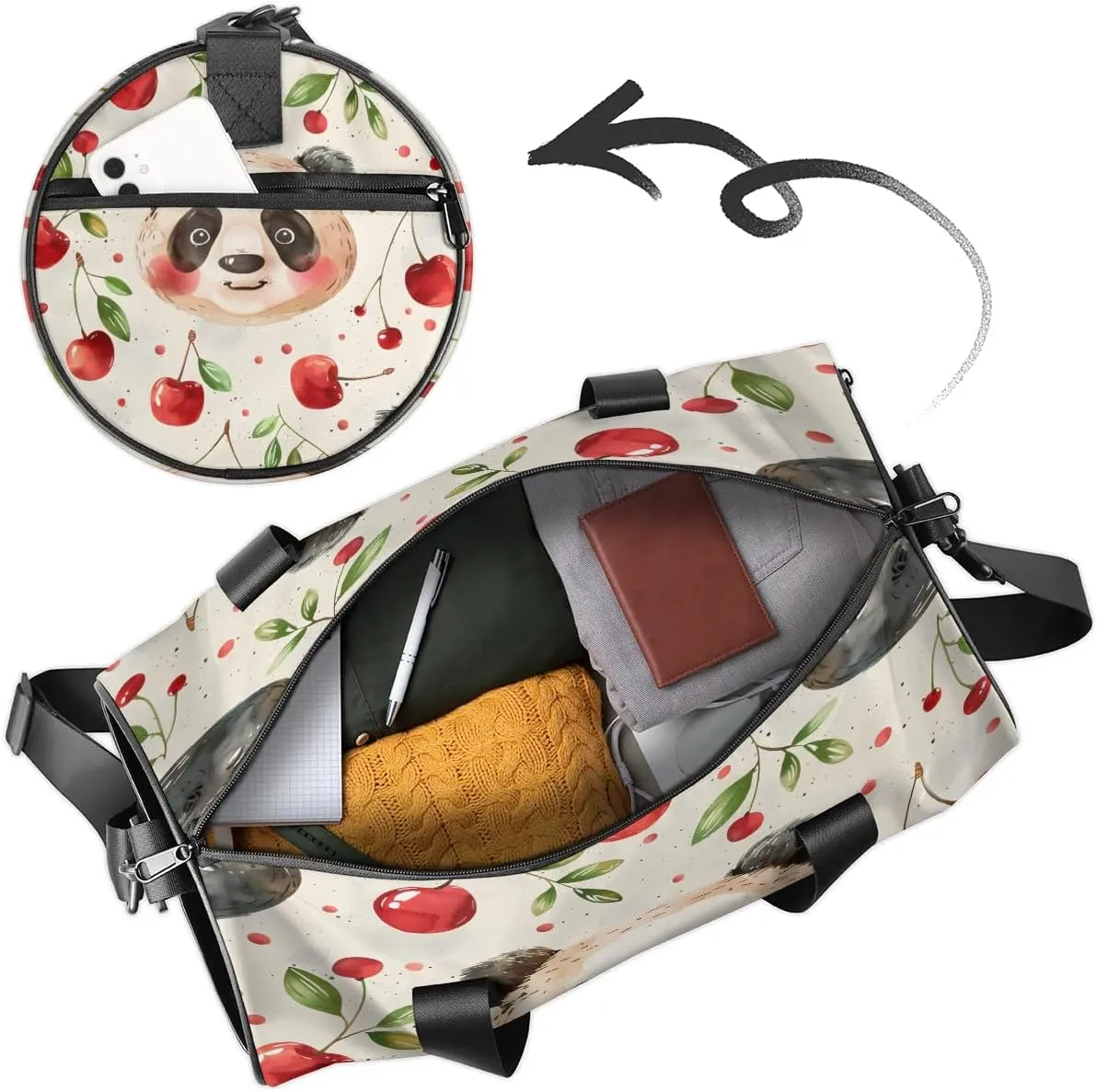Gym Bags for Men Women Panda Cherries Sports Duffel Bags Carry On Travel Duffle Bag with Detachable Adjustable Shoulder Strap Overnight Weekender Bag
