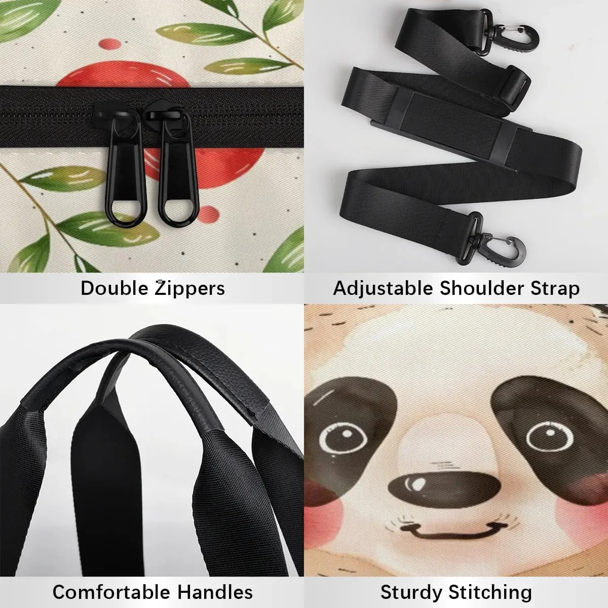 Gym Bags for Men Women Panda Cherries Sports Duffel Bags Carry On Travel Duffle Bag with Detachable Adjustable Shoulder Strap Overnight Weekender Bag