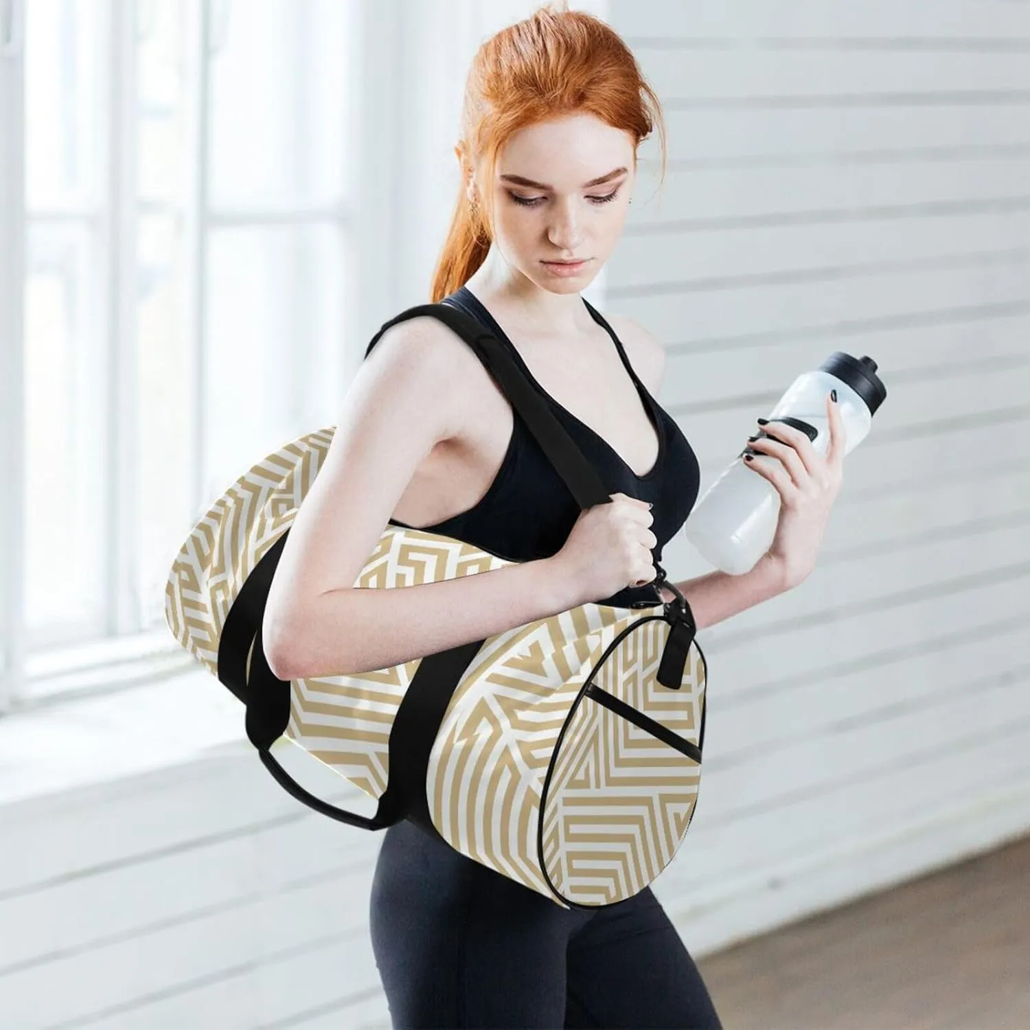 Gym Bag,Sports Duffle Bag,Cute Gym Bags with Inner Pocket,Weekender Travel Bag For Sport Workout Women Men,17.6x9 IN Beige Lines