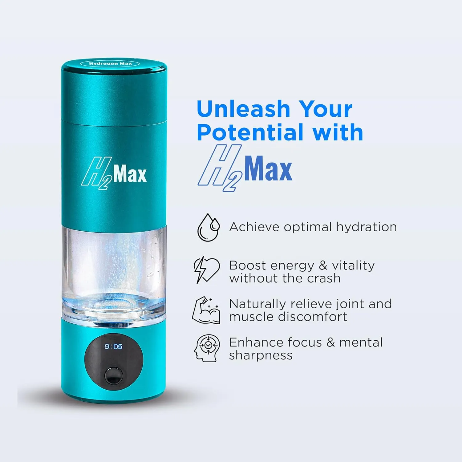 H2Max Hydrogen Water Bottle - 6000ppb (6ppm) High Concentration, SPE & PEM Tech, Portable BPA-Free, 230ml, Rechargeable, Lightweight, for Home, Office & Travel (Blue)