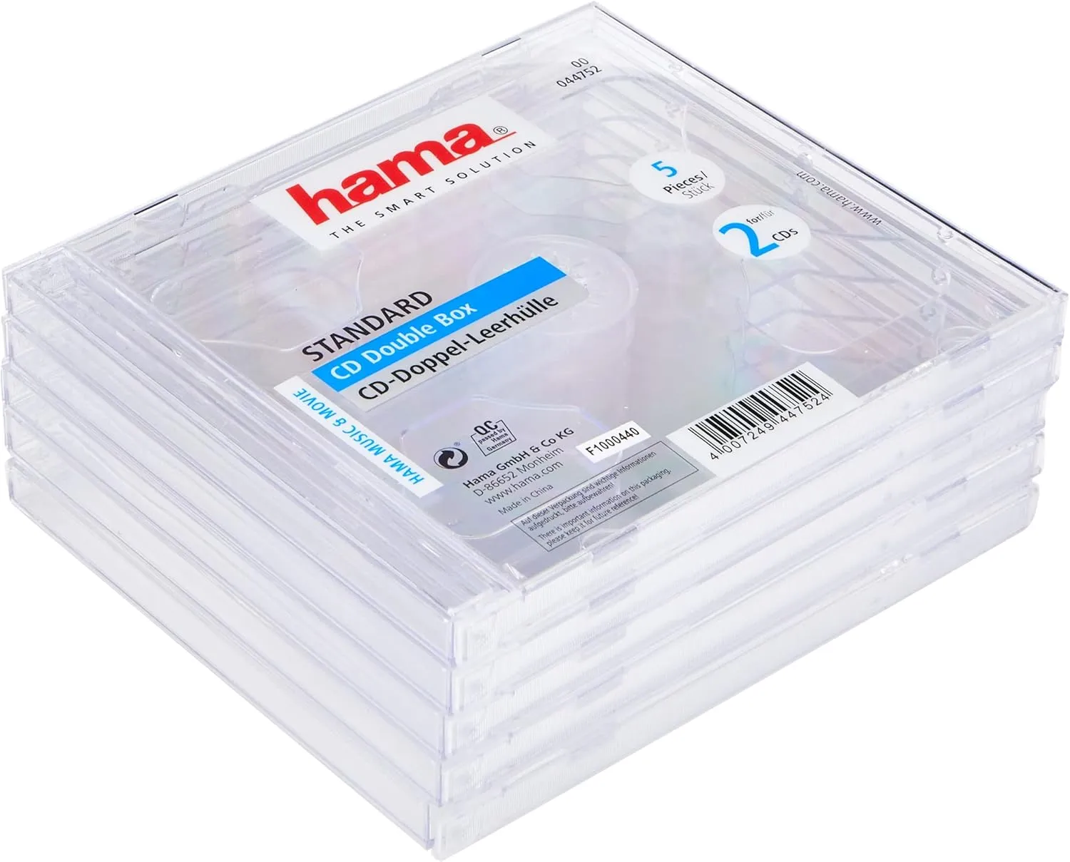 Hama Standard CD Double Jewel Case, Pack of 5, Transparent