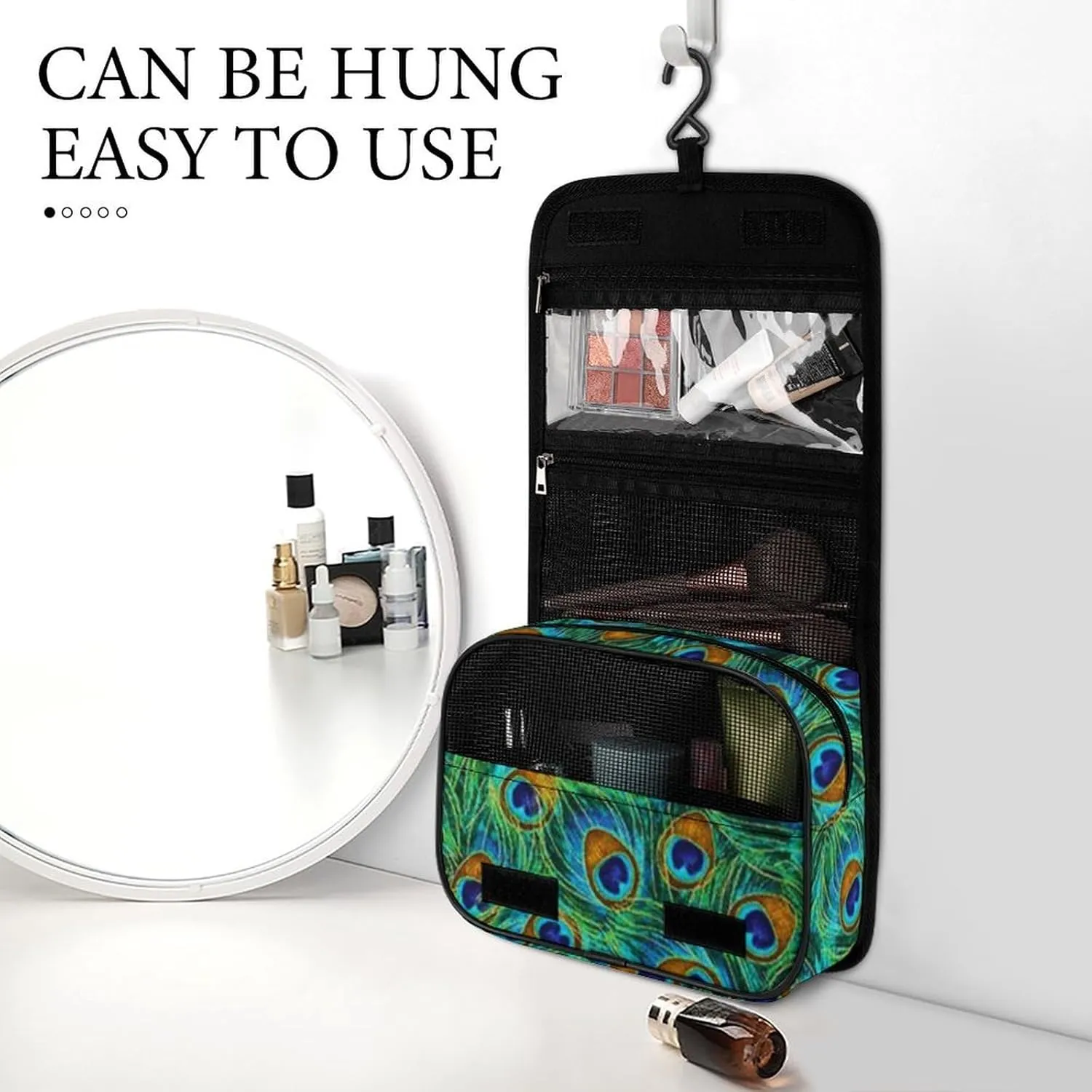 Hanging Toiletry Bag for Women, Travel Toiletries Bags with Hook, Travel Makeup Bag for Cosmetic Storage Organizer Compatible with Beautiful Peacock Feathers