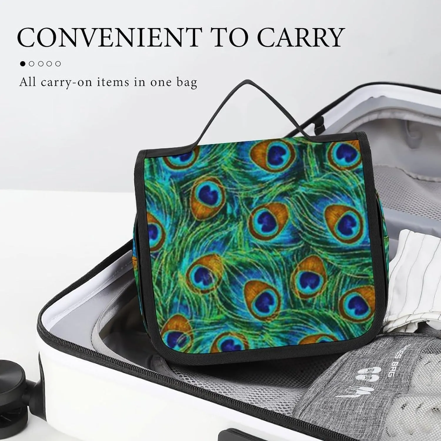 Hanging Toiletry Bag for Women, Travel Toiletries Bags with Hook, Travel Makeup Bag for Cosmetic Storage Organizer Compatible with Beautiful Peacock Feathers