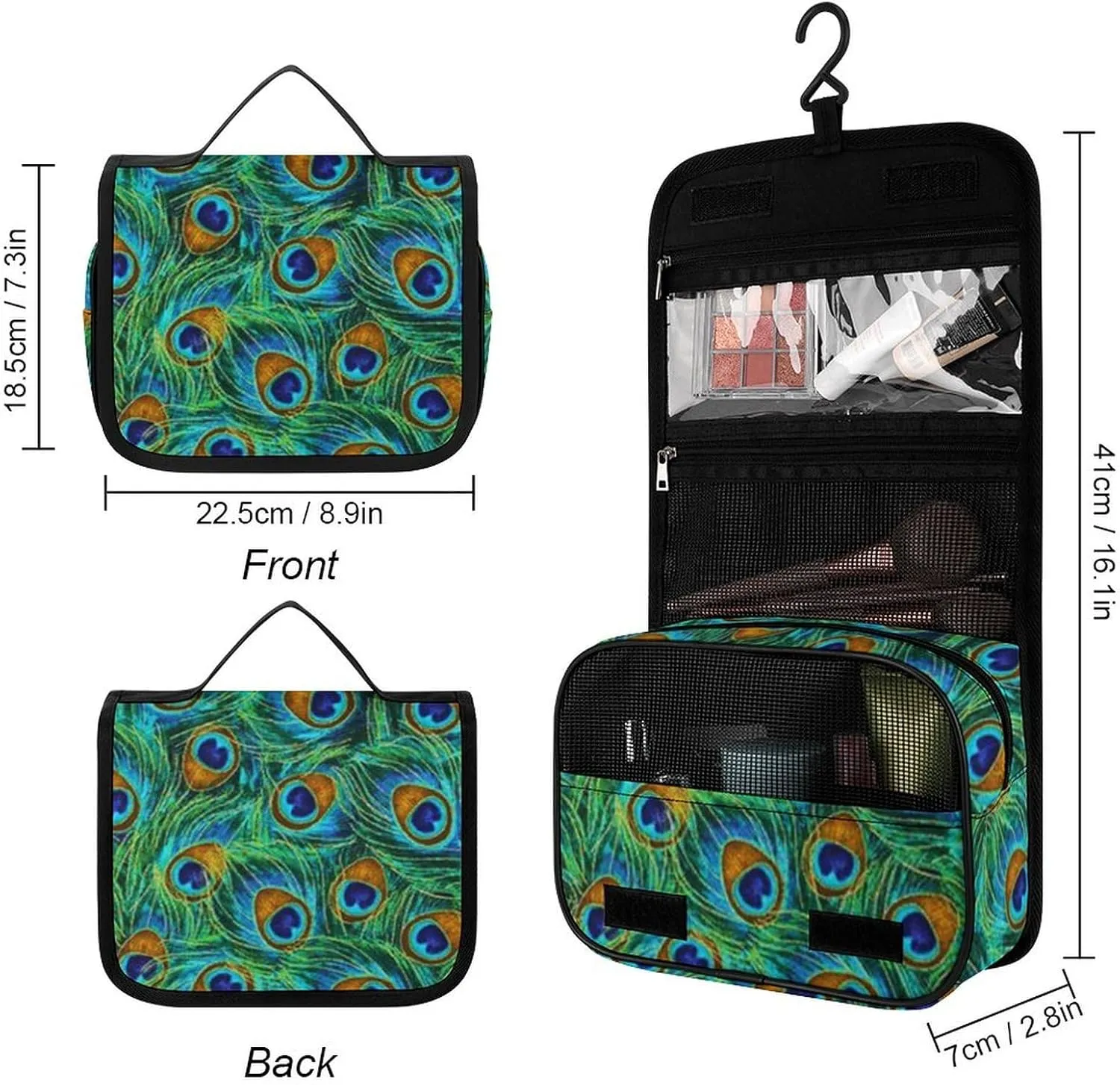 Hanging Toiletry Bag for Women, Travel Toiletries Bags with Hook, Travel Makeup Bag for Cosmetic Storage Organizer Compatible with Beautiful Peacock Feathers