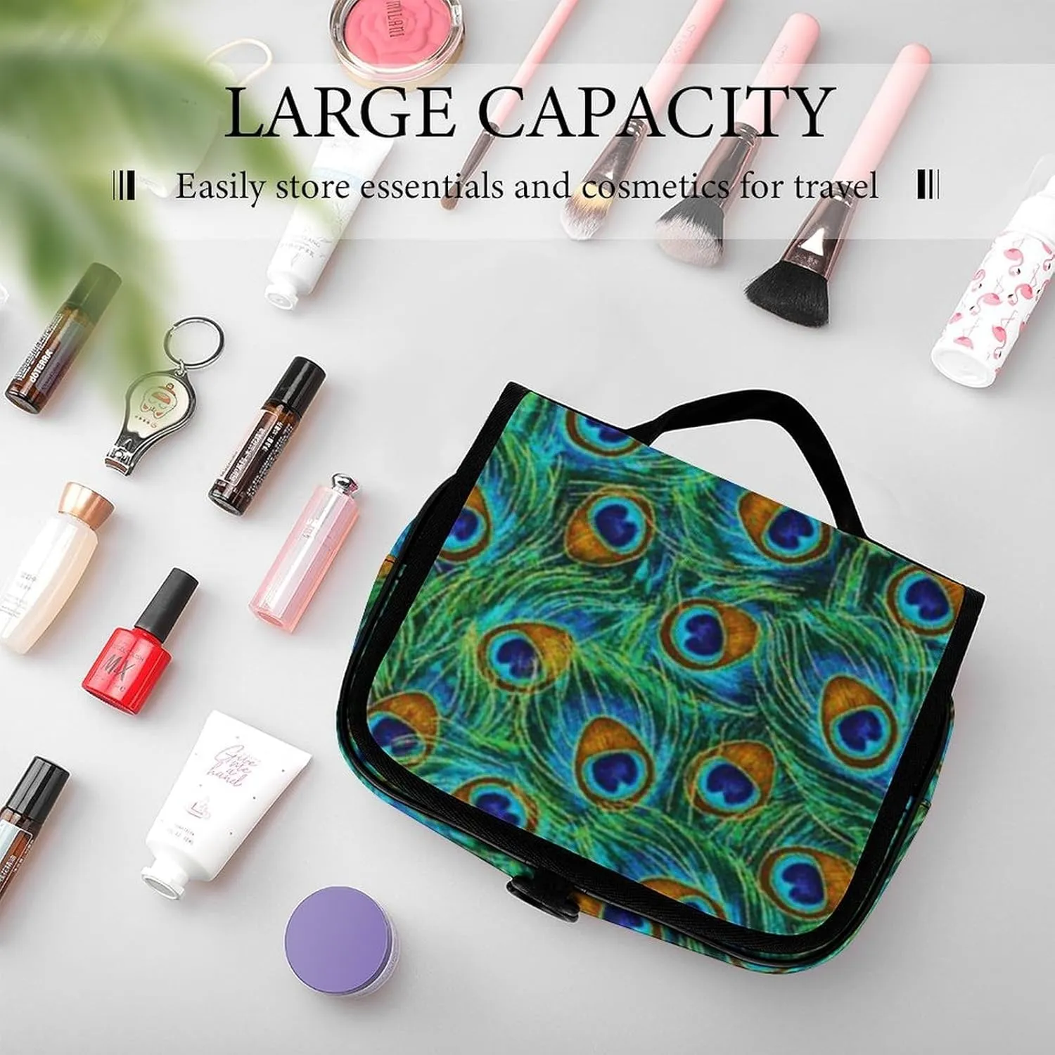 Hanging Toiletry Bag for Women, Travel Toiletries Bags with Hook, Travel Makeup Bag for Cosmetic Storage Organizer Compatible with Beautiful Peacock Feathers