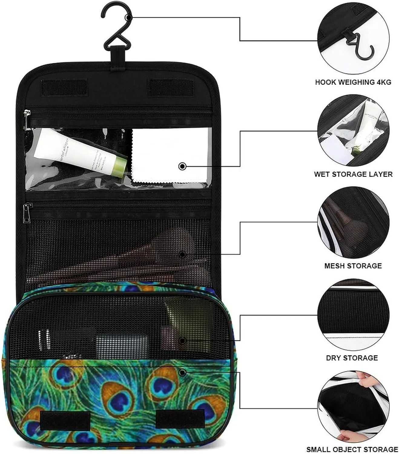 Hanging Toiletry Bag for Women, Travel Toiletries Bags with Hook, Travel Makeup Bag for Cosmetic Storage Organizer Compatible with Beautiful Peacock Feathers