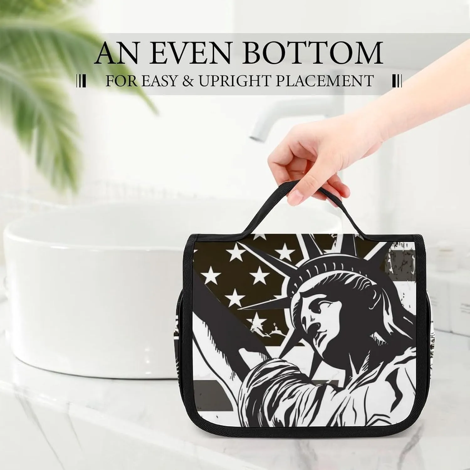 Hanging Travel Toiletry Bag Cosmetic Make Up Organizer Compatible with Statue of Liberty Black And White Vintage Retro American Flag for Women and Girls Waterproof